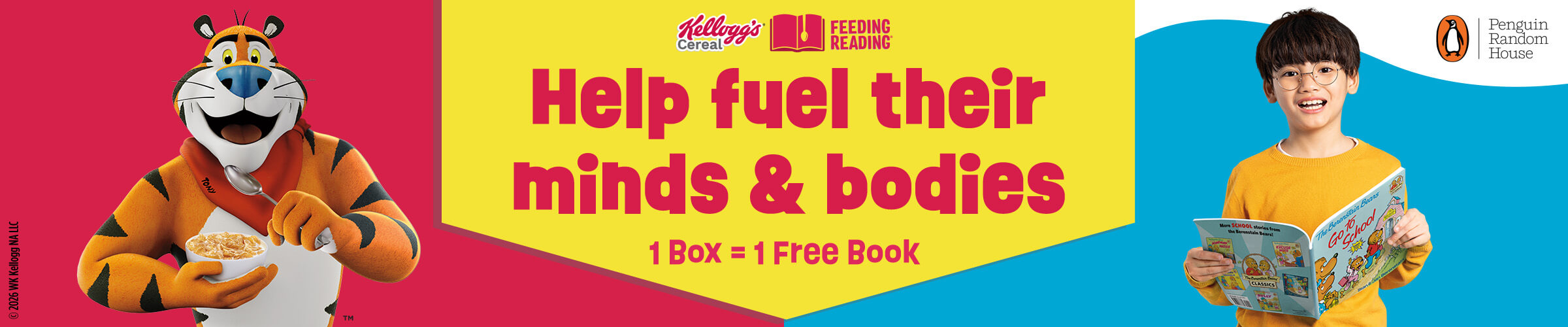 Kellogg’s Feeding Reading banner with Tony the Tiger holding cereal and a smiling child with a book, text reads ‘1 Box = 1 Free Book’ alongside Penguin Random House logo.