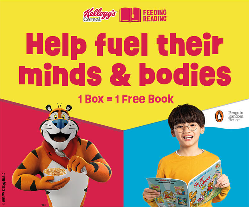 Kellogg’s Feeding Reading banner with Tony the Tiger holding cereal and a smiling child with a book, text reads ‘1 Box = 1 Free Book’ alongside Penguin Random House logo.